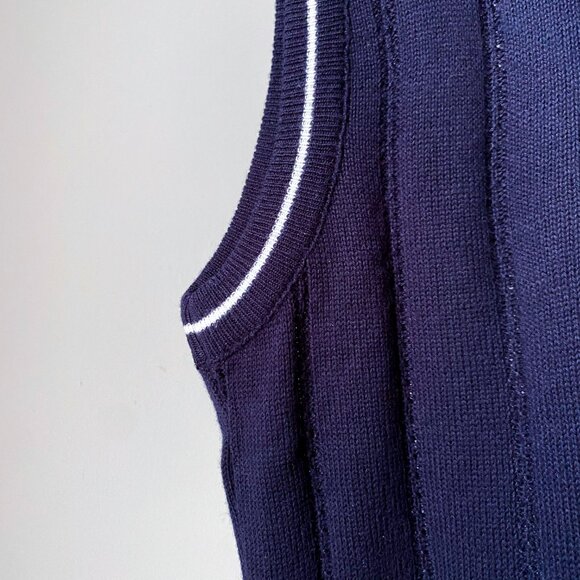 🍂 90s Vintage Navy & Blue White Preppy Knit  V-Neck Sweater Vest - Picture 3 of 6